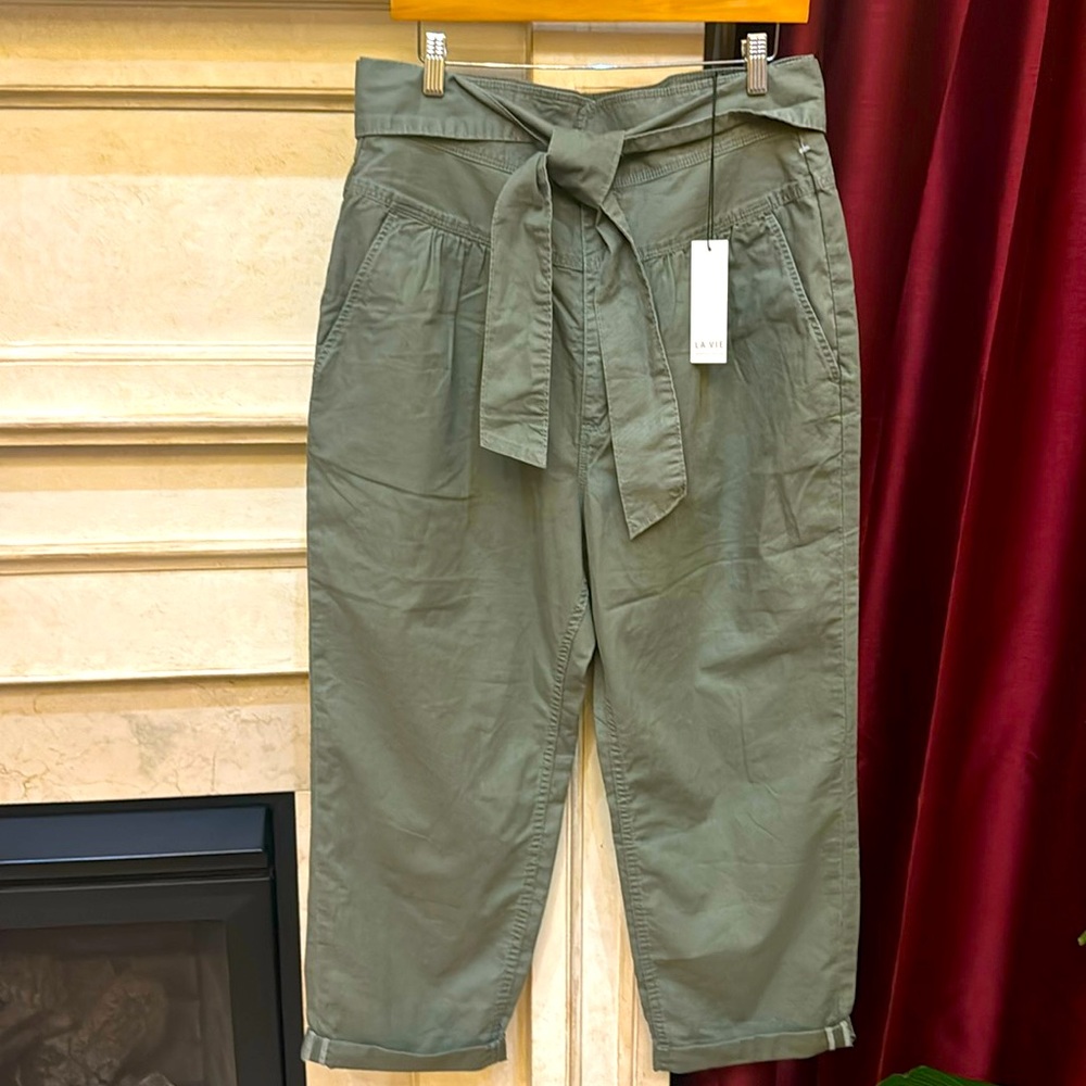LA VIE REBECCA TAYLOR wide-barrel leg green twill pants with tie sz 31